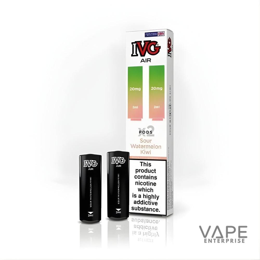 IVG Air Sour Watermelon Kiwi vape pods with 20mg nicotine, 2ml and 3ml sizes, product warning