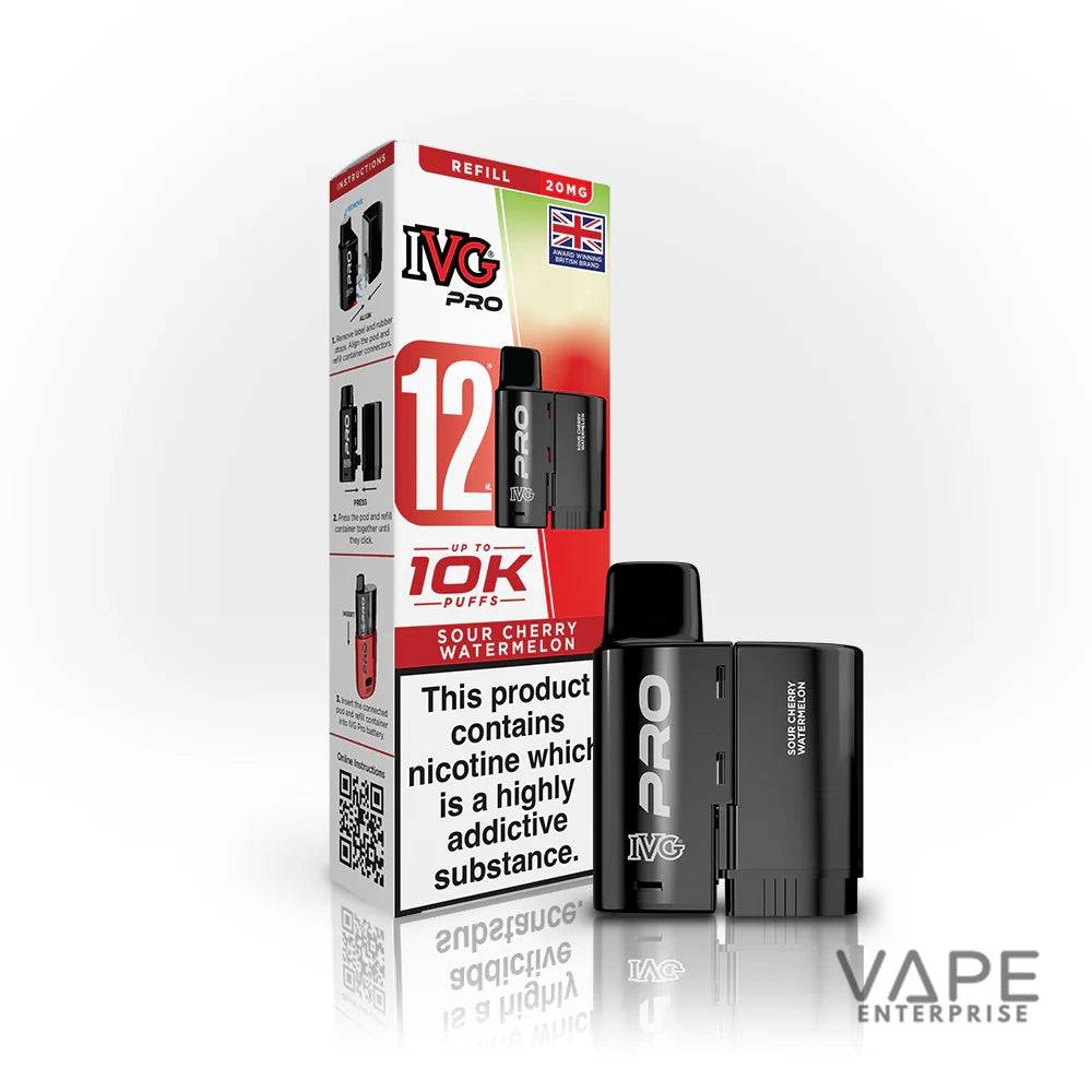 IVG Pro Sour Cherry Watermelon vape device and 12ml refill box with 10K puffs, nicotine warning