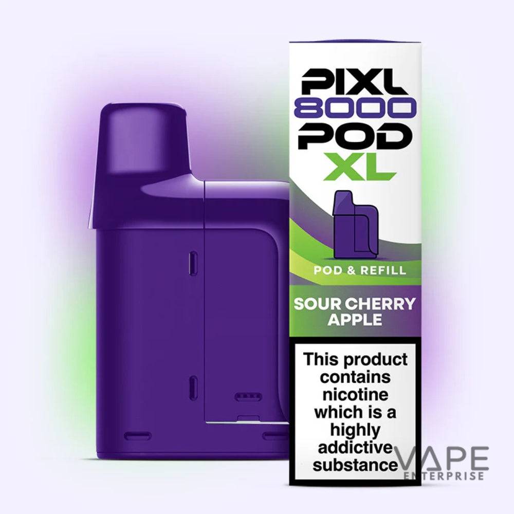 Purple Pixl 8000 Pod XL vape device and Sour Cherry Apple refill pod with nicotine warning