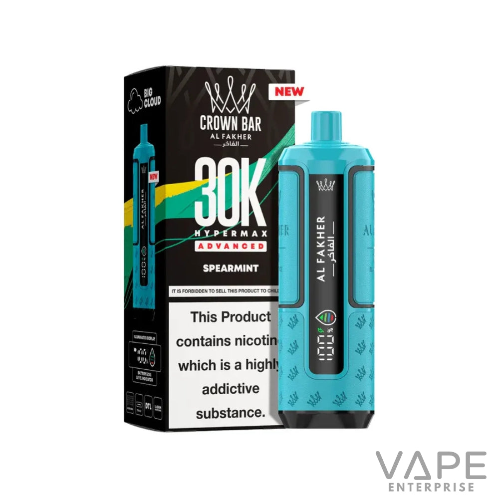 Crown Bar Al Fakher 30K Hypermax Advanced disposable vape in spearmint flavor with black and blue packaging