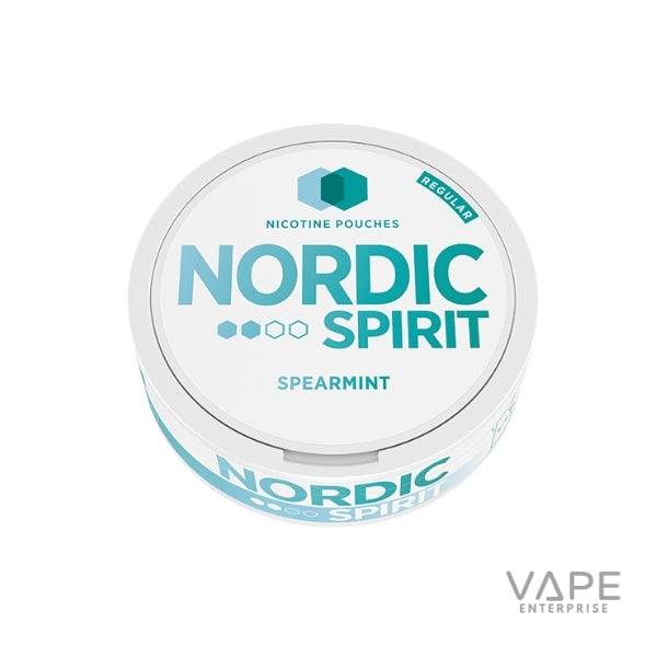 Nordic Spirit spearmint nicotine pouches can with white and teal branding