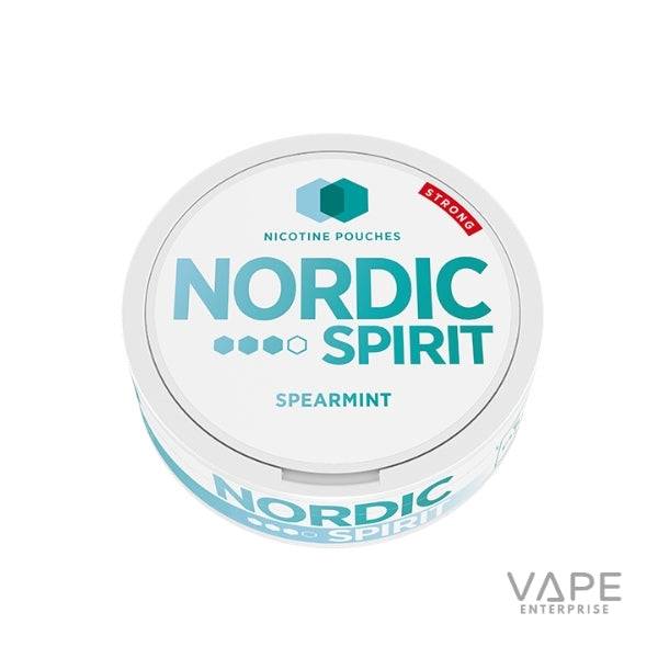 Nordic Spirit Strong Spearmint nicotine pouches container with white and teal design