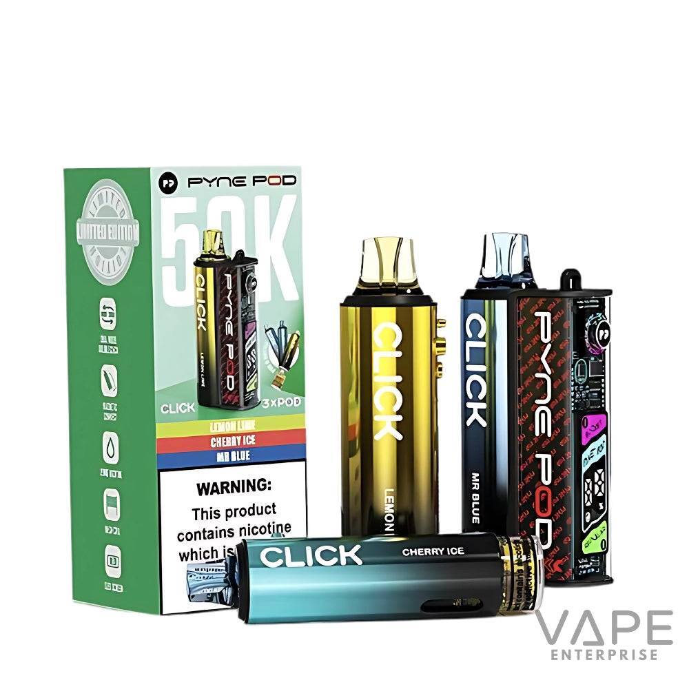 Pyne Pod Click 50K limited edition vape kit with Lemon Lime, Cherry Ice, and Mr Blue pods