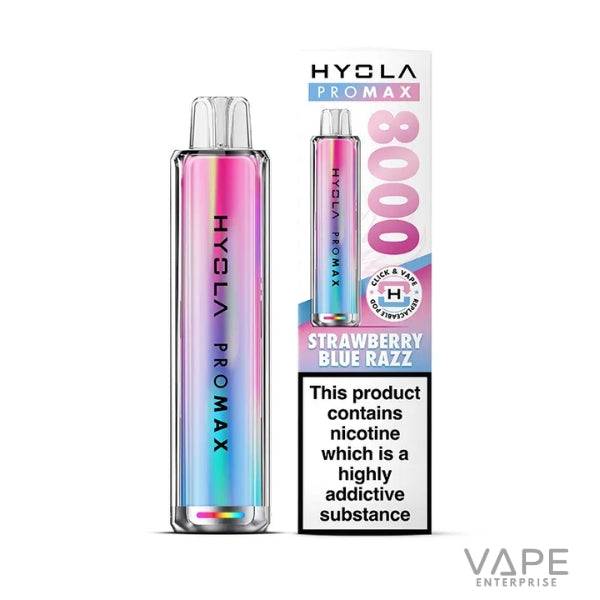Hyola Pro Max 8000 disposable vape in pink blue gradient with strawberry blue razz flavor and nicotine warning