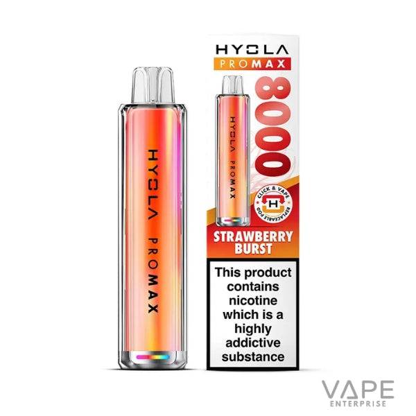 Hyola Pro Max 8000 Strawberry Burst disposable vape with nicotine addiction warning on packaging