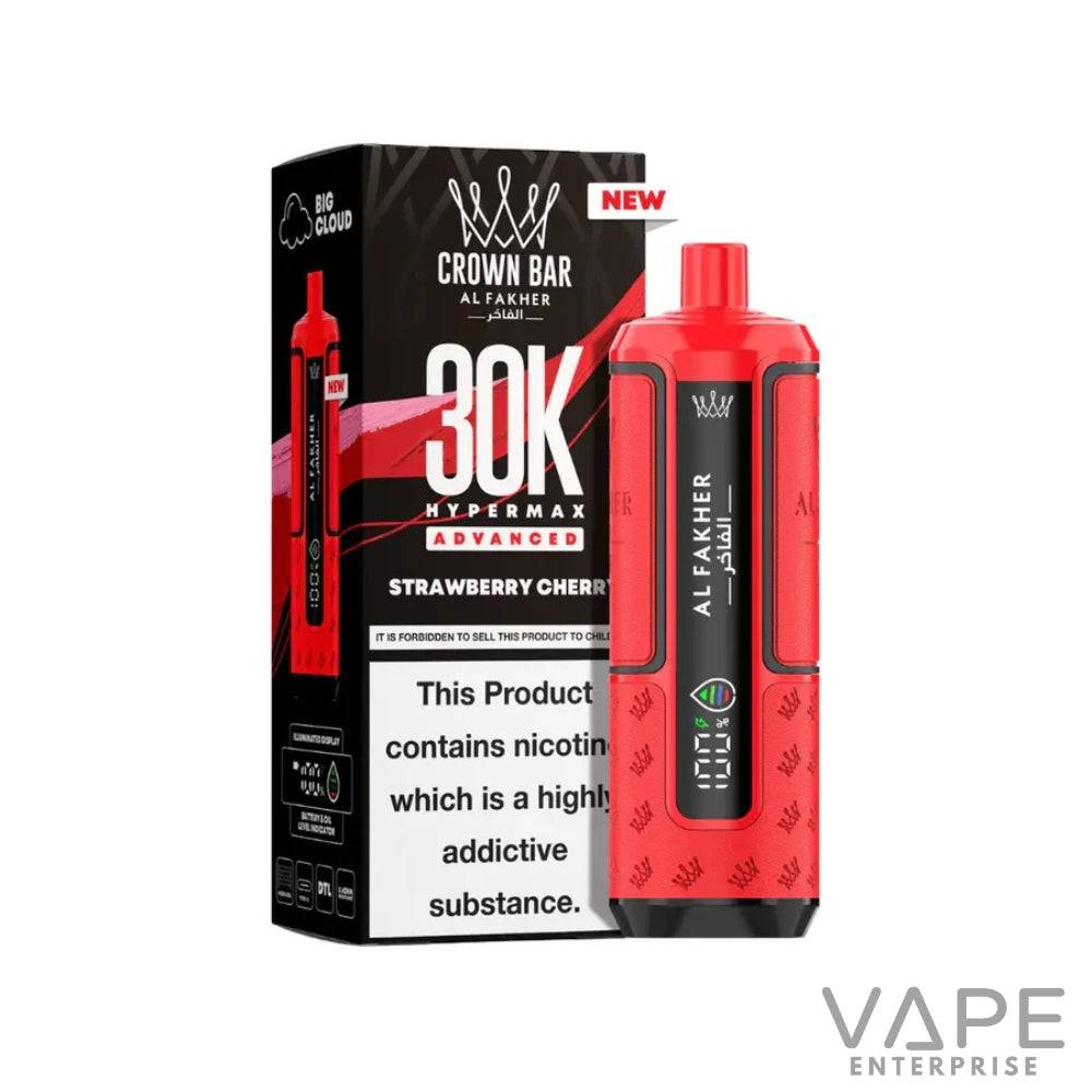 Red Al Fakher Crown Bar 30K Hypermax Advanced Strawberry Cherry vape device with retail box and nicotine warning