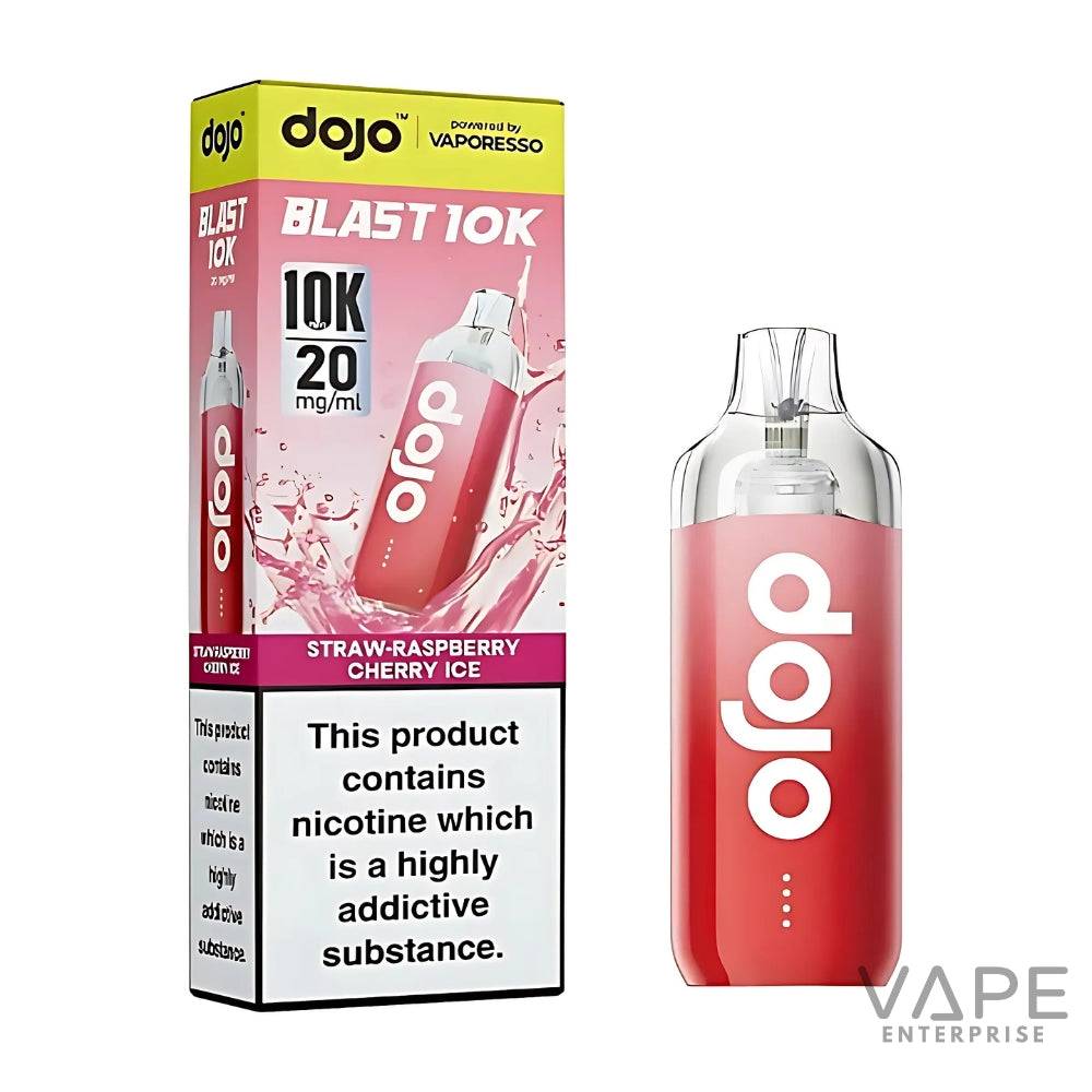 Dojo Blast 10K disposable vape device and packaging in strawberry raspberry cherry ice flavor