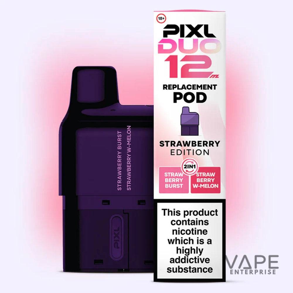 Pixl Duo 12mg Strawberry Edition replacement vape pod with strawberry burst and strawberry watermelon flavors