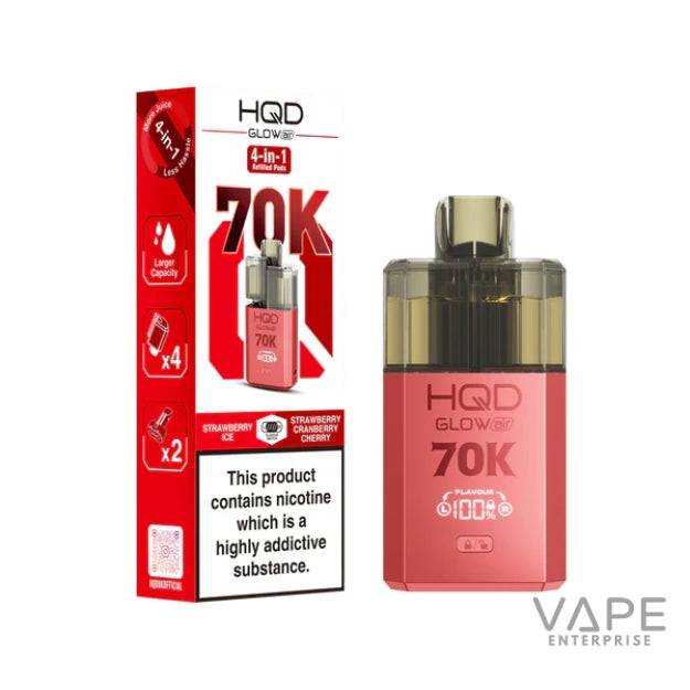 HQD Glow 70K 4-in-1 refilled vape pods in Strawberry Ice and Strawberry Cranberry Cherry flavor with red packaging