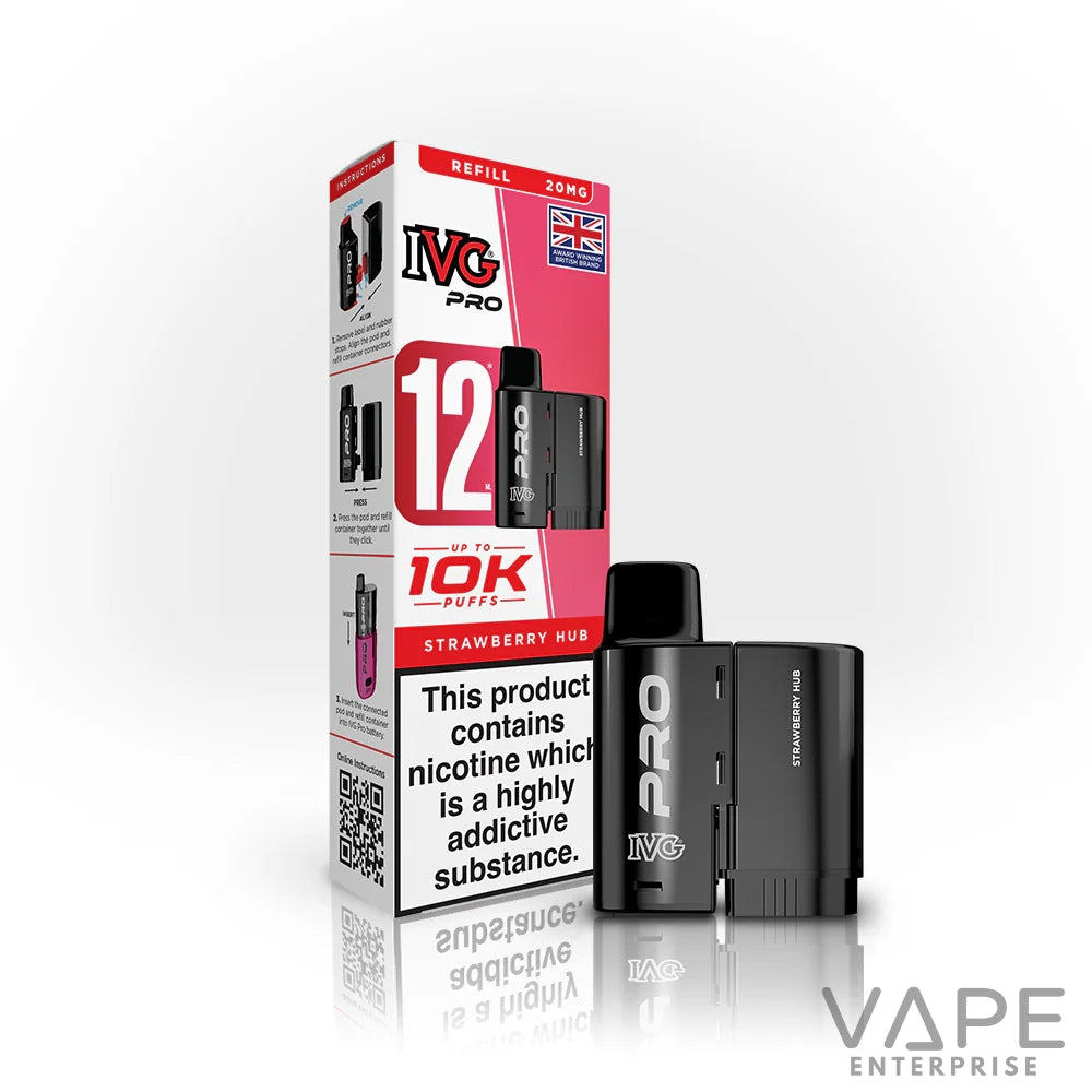 IVG Pro Strawberry Hub disposable vape with refill box, 20mg nicotine, up to 10K puffs, UK brand