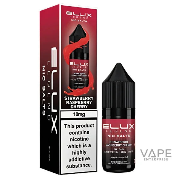 Elux Legend Nic Salts Strawberry Raspberry Cherry 10mg vape liquid bottle and packaging