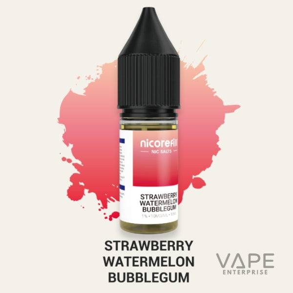Nicotine salt vape juice bottle labeled Strawberry Watermelon Bubblegum with red splash background