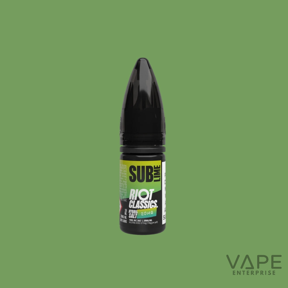 Vape juice bottle with 'Sub Lime' and 'Riot Classics' branding on a green background