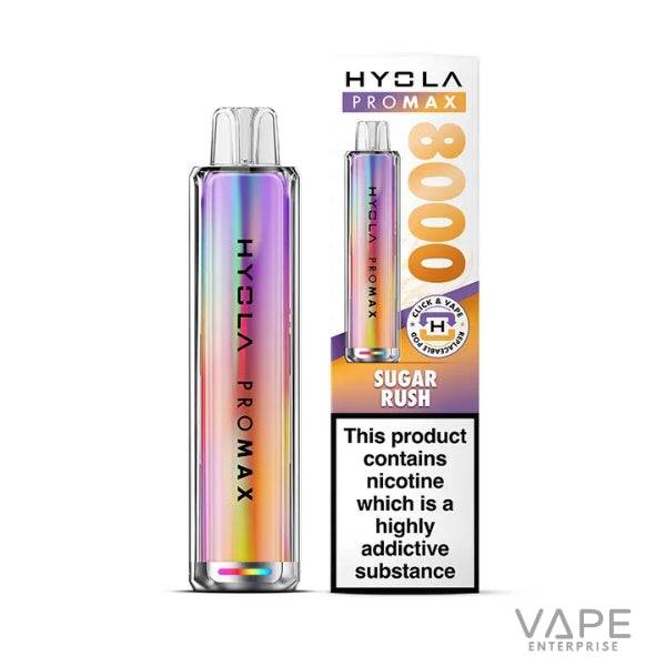 Hyola Pro Max 8000 Sugar Rush disposable vape with rainbow gradient finish and nicotine warning label