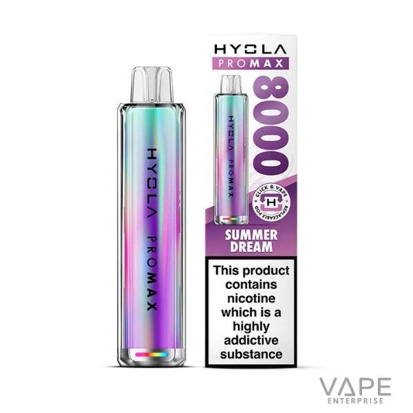 HYCLA Pro Max 8000 Summer Dream disposable vape with gradient color design and nicotine warning