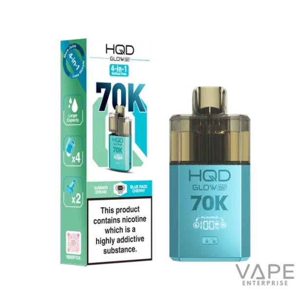HQD Glow Air 70K disposable vape in Blue Razz Cherry flavor with product box and nicotine warning