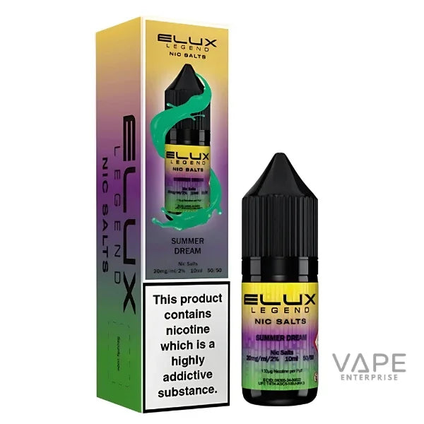 Elux Legend Nic Salts Summer Dream 10ml vape liquid with colorful packaging and black dropper bottle