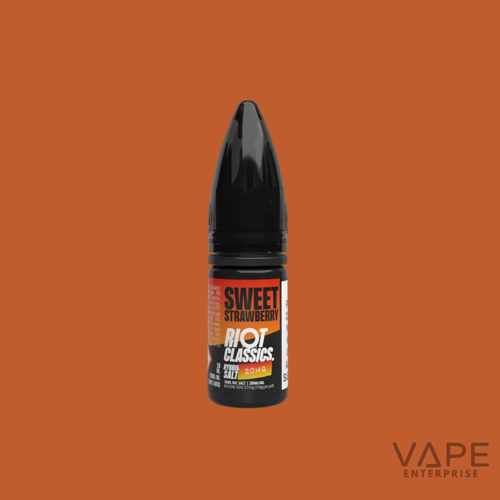 Vape juice bottle labeled 'Sweet Strawberry' by Riot Classics on an orange background