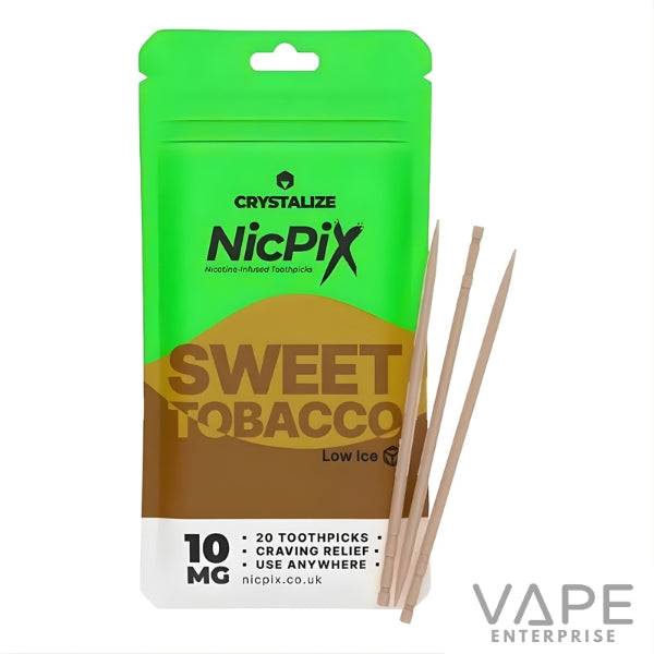 Green and brown NicPix Sweet Tobacco nicotine-infused toothpicks pack with four toothpicks, 10mg strength