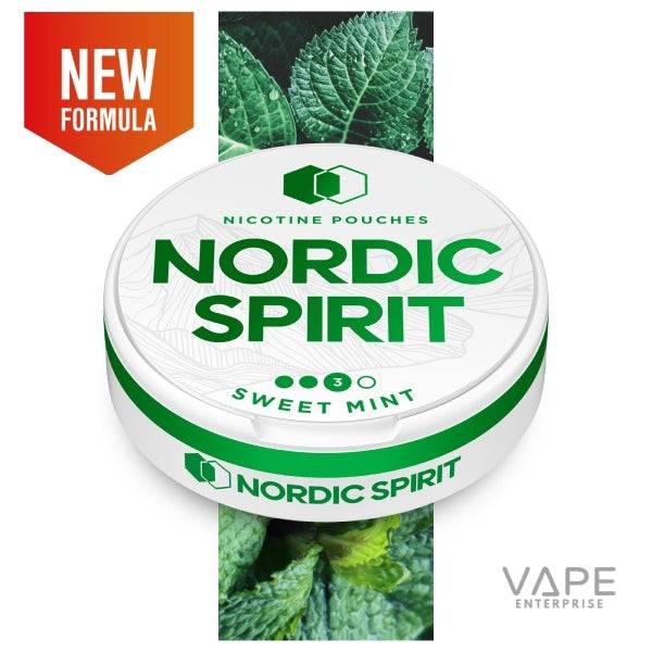 Nordic Spirit Sweet Mint nicotine pouches tin with new formula label and fresh mint leaves background