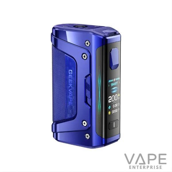 Twilight blue Geekvape vape mod with LED display showing 200W power and smart mode
