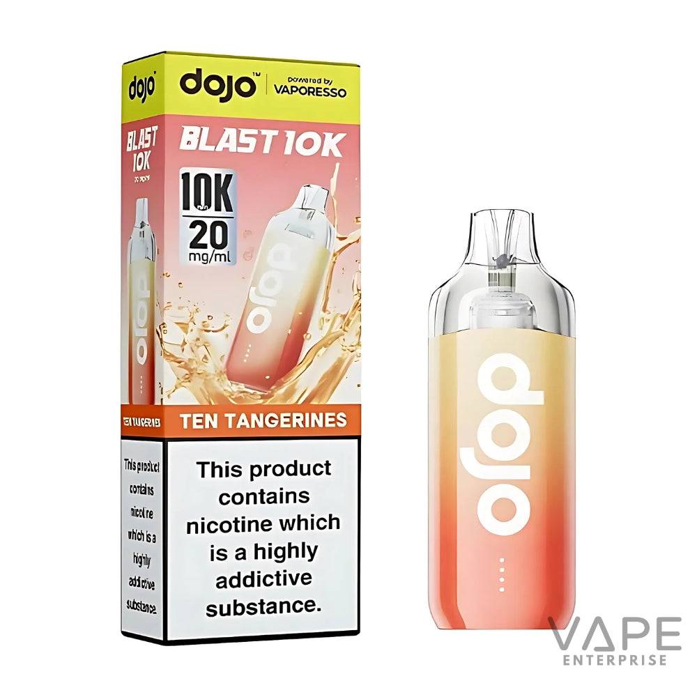 Dojo Blast 10K disposable vape in Ten Tangerines flavor with 20mg nicotine, packaging and device