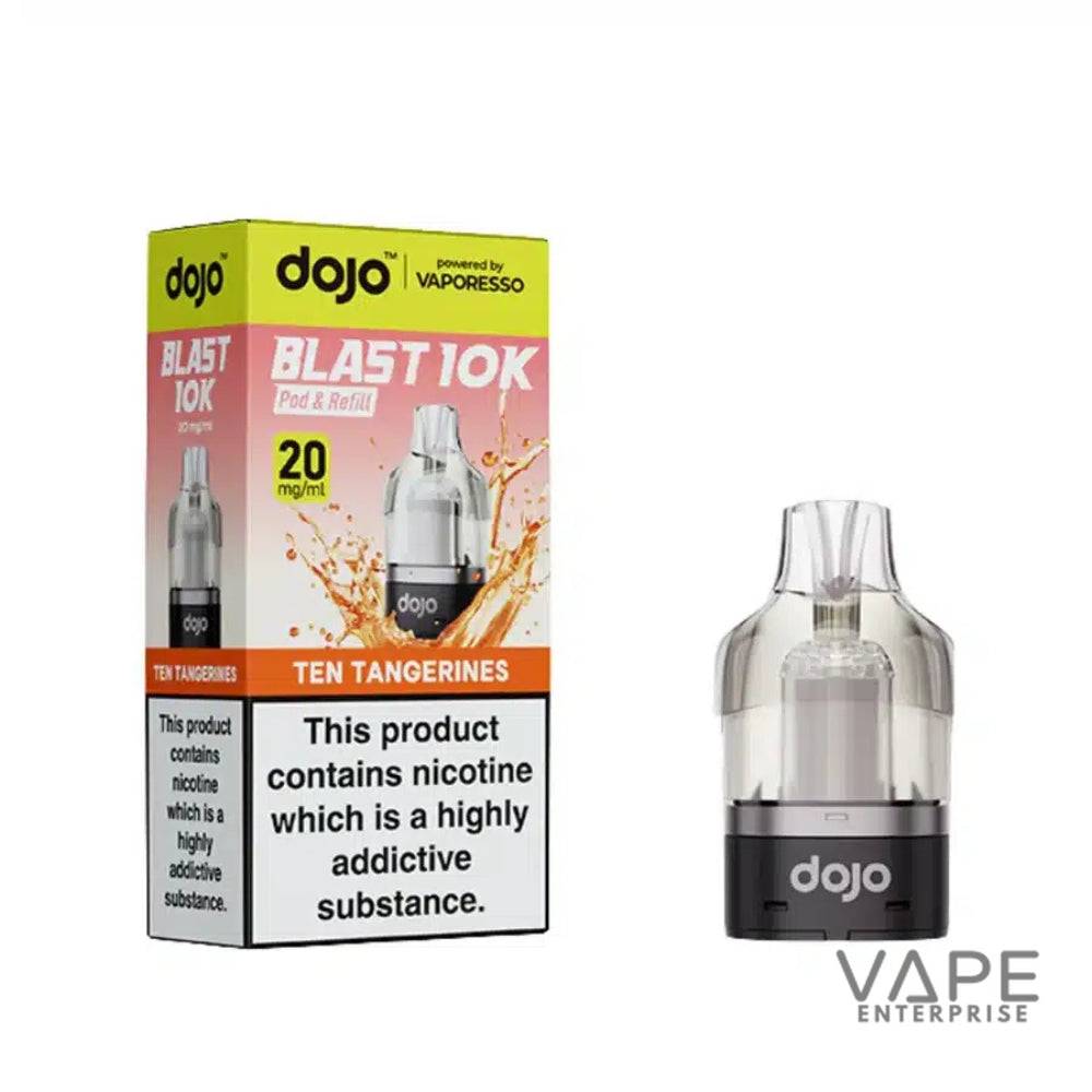 Dojo Blast 10K Ten Tangerines nicotine pod and refill with 20 mg/ml label and splash graphic