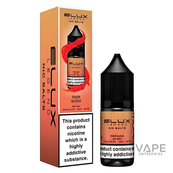 Elux Legend Nic Salts Tiger Blood vape liquid bottle and packaging, 10ml 20mg