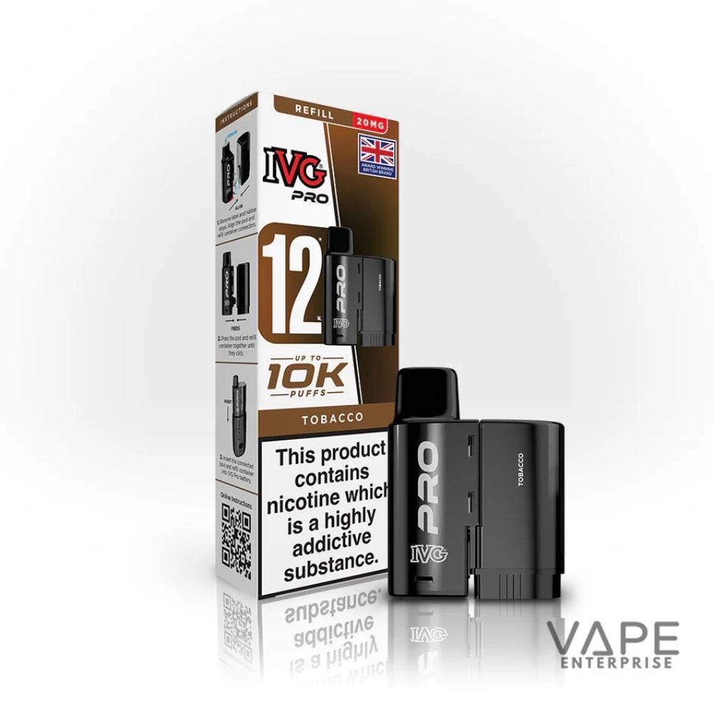 IVG PRO 12 tobacco vape pods with 20mg nicotine, up to 10K puffs, and warning label on white background