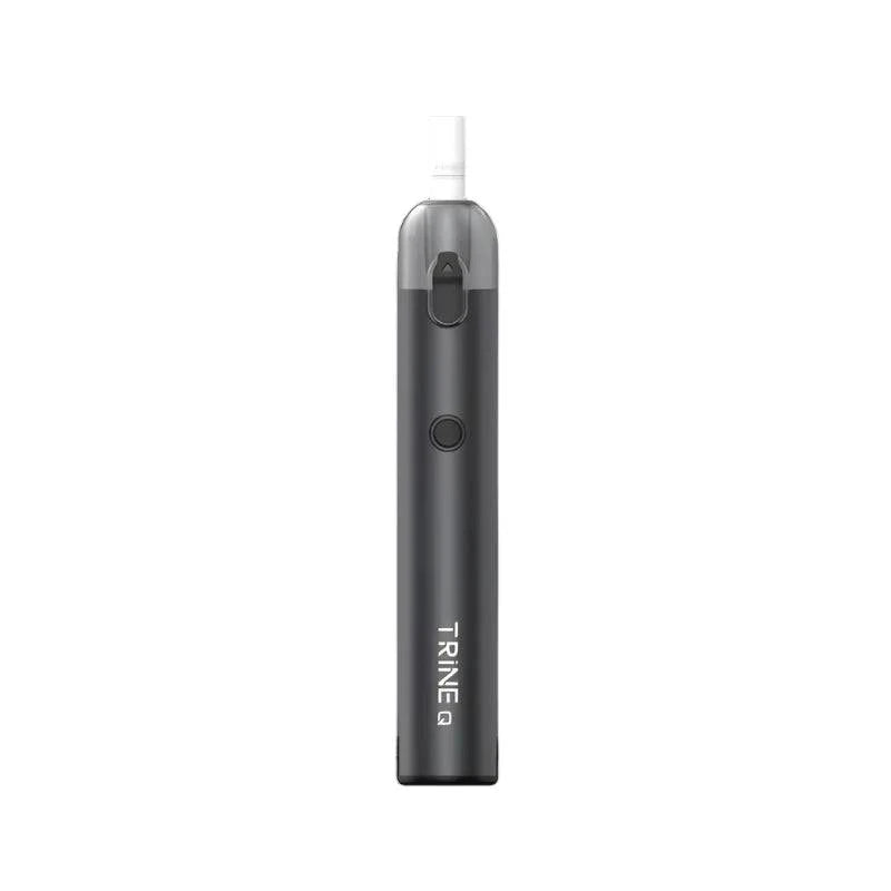 Trine Q Pod Kit grey vape device with button and transparent mouthpiece on white background
