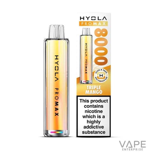 Hyola Pro Max 8000 disposable vape in Triple Mango flavor with nicotine addiction warning on packaging