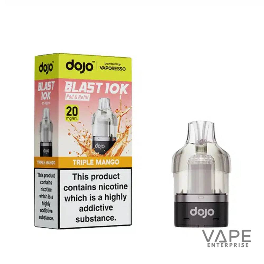 Dojo Blast 10K Triple Mango vape pod with 20mg nicotine, refillable pod and packaging