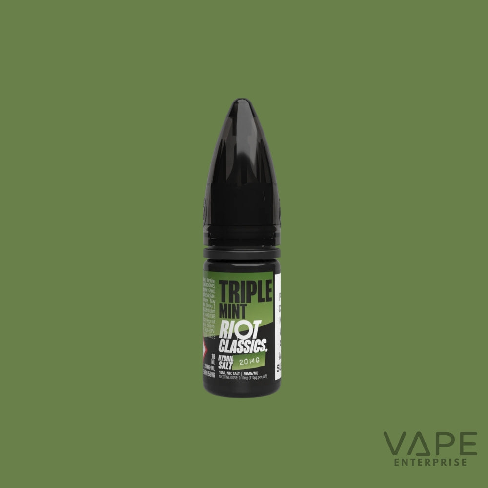 Vape juice bottle labeled 'Triple Mint Riot Classics' on a green background