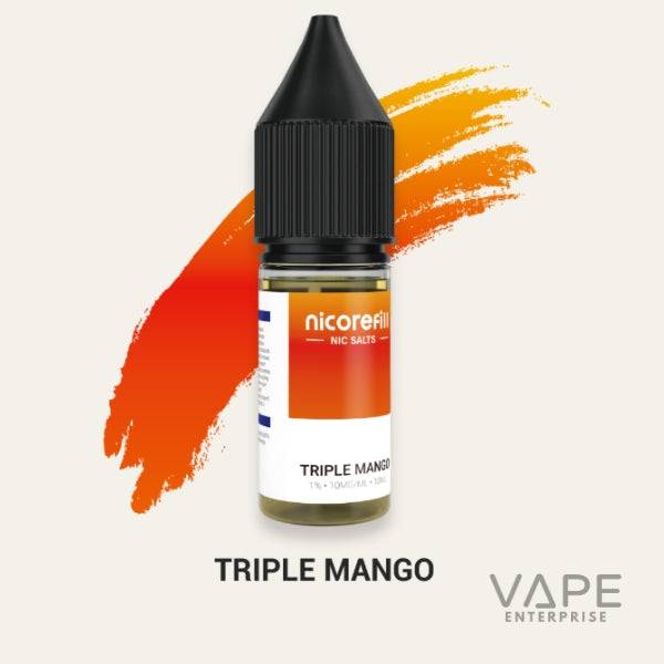 Nicorefill Triple Mango nicotine salt vape juice bottle with orange brushstroke background