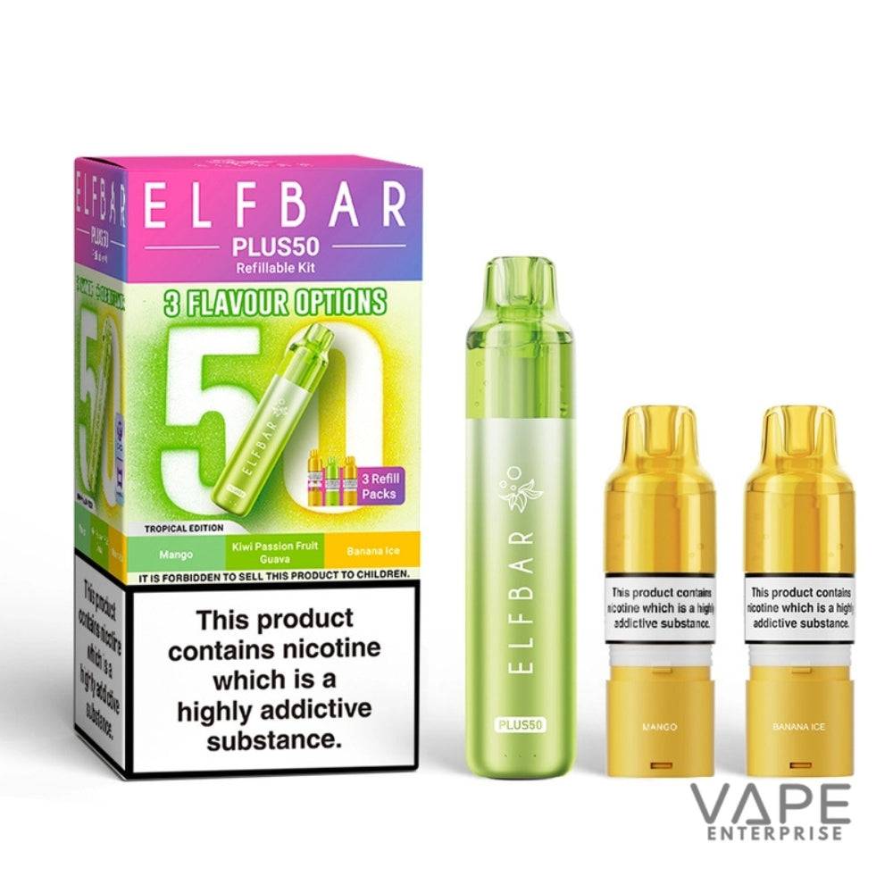 Elf Bar Plus50 vape kit with packaging and nicotine warning label on a white background
TropicalEdition