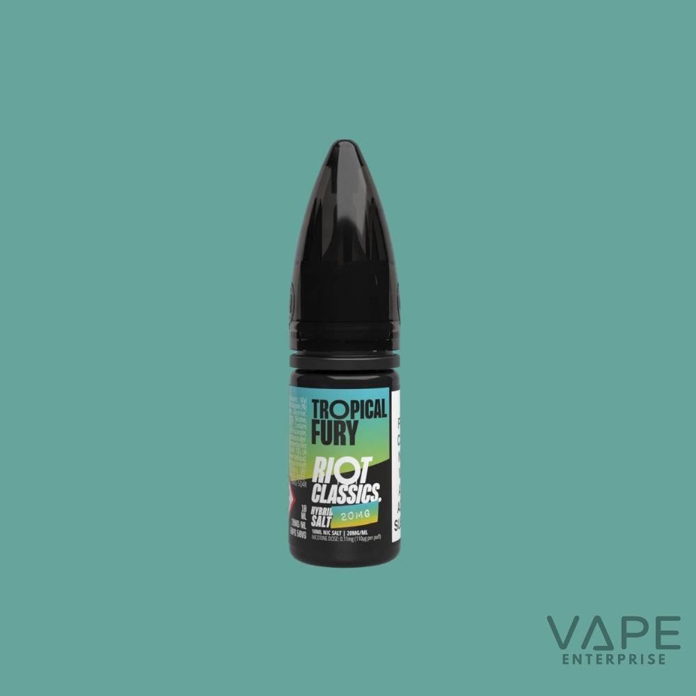 Vape juice bottle labeled 'Tropical Fury' by Riot Classics on a teal background