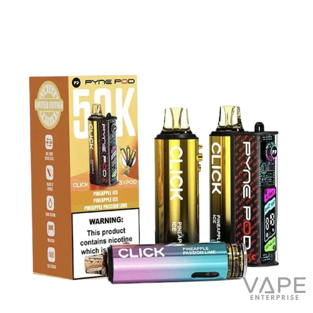 Pyne Pod Click 50K limited edition disposable vapes in pineapple ice and pineapple passion lime flavors with packaging