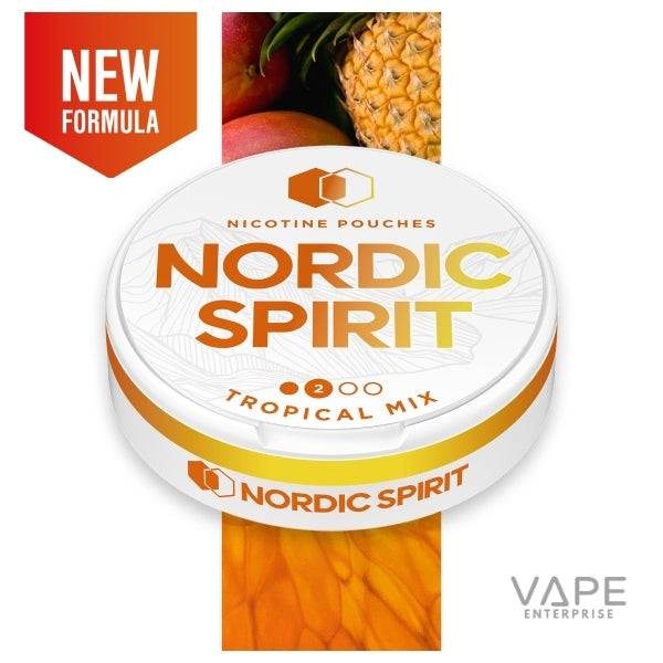 Nordic Spirit Tropical Mix nicotine pouches container with pineapple and mango background, new formula label