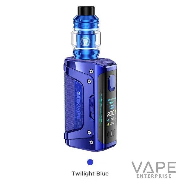 Twilight Blue Geekvape vaping device with digital display and metallic blue tank on white background