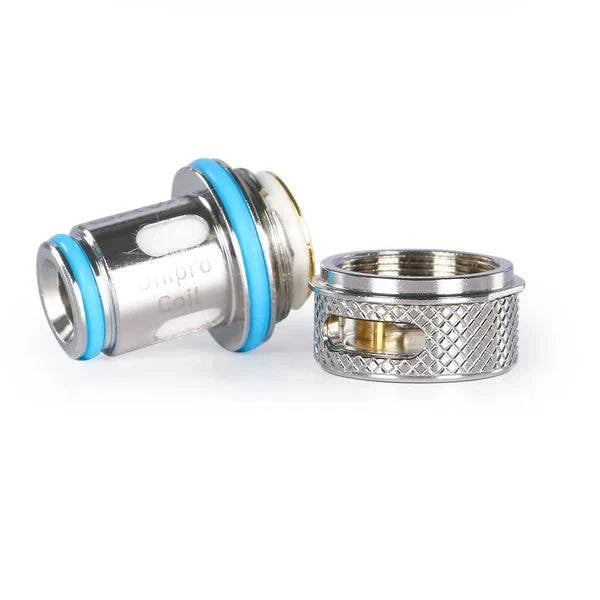 UniPro vape coil and metal threaded ring with blue silicone seals on white background