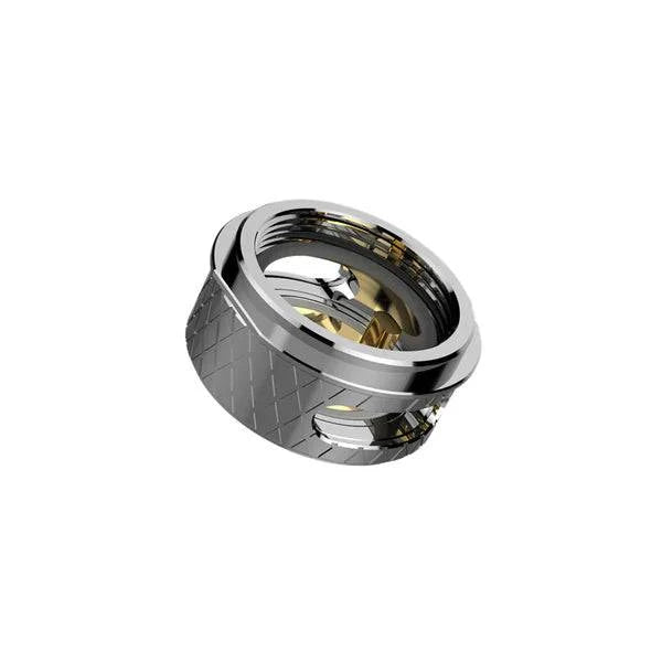 Unipro Airflow Ring silver metal vape accessory with knurled grip and gold interior on white