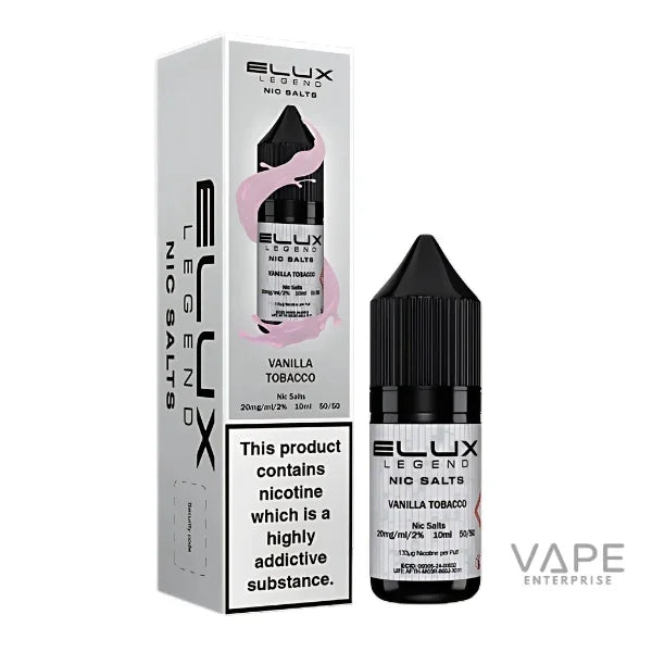 Elux Legend Nic Salts Vanilla Tobacco vape liquid and packaging for refillable vape kits