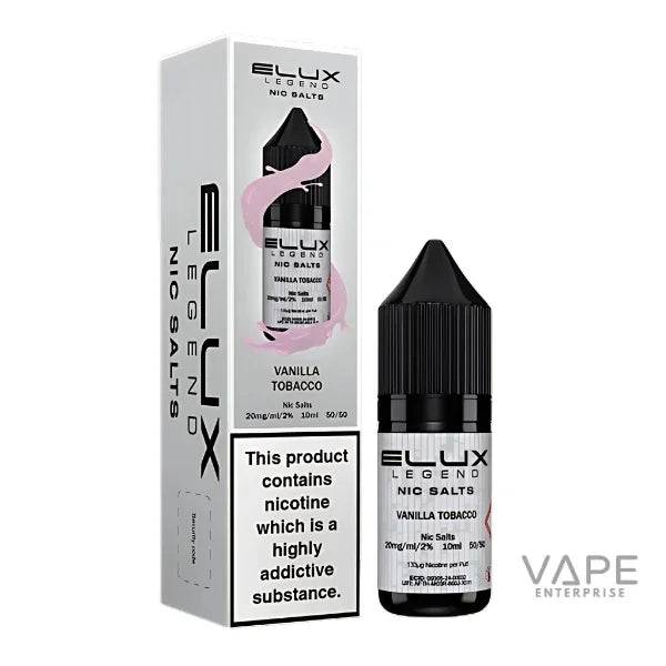 Elux Legend Nic Salts Vanilla Tobacco vape liquid and packaging for refillable vape kits