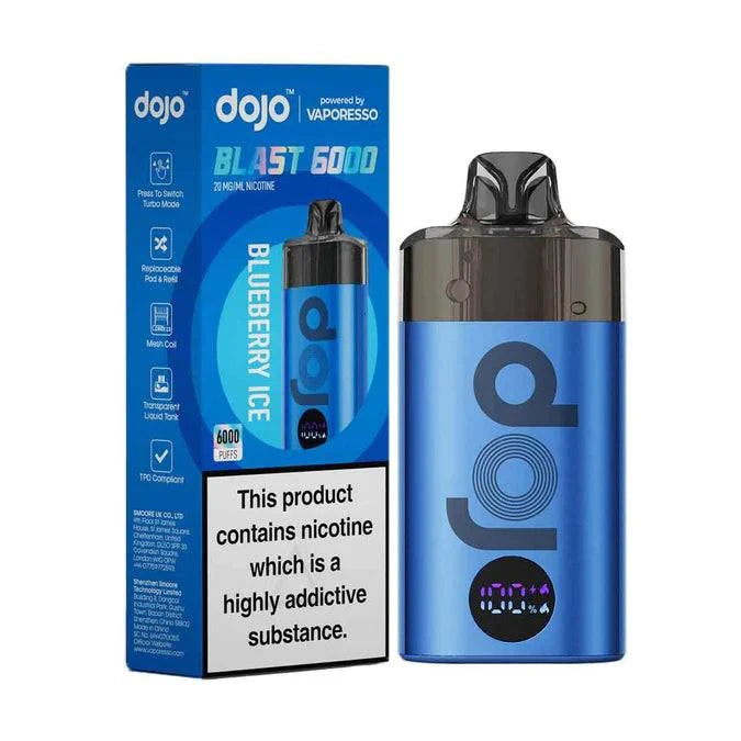 Blue Vaporesso Dojo Blast 6000 pod vape kit with Blueberry Ice flavor and nicotine warning label