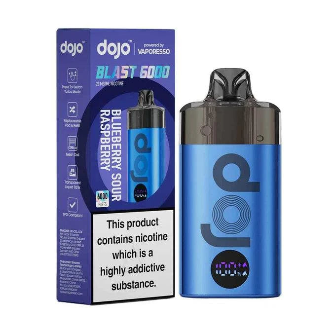 Dojo Blast 6000 Blueberry Sour Raspberry pod vape kit with blue device and nicotine warning box