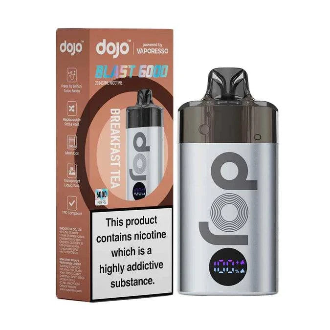 Dojo Blast 6000 Breakfast Tea pod vape kit with nicotine warning on packaging
