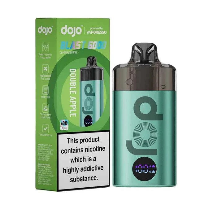 Dojo Blast 6000 Double Apple vape kit with green pod device and packaging featuring nicotine warning