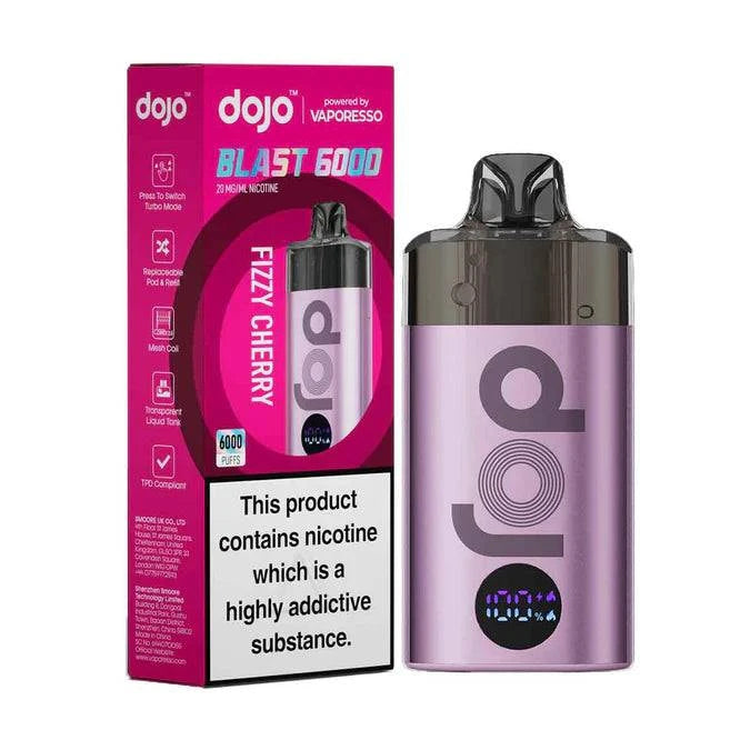 Dojo Blast 6000 pod vape kit in Fizzy Cherry flavor with purple vape device and packaging showing nicotine warning