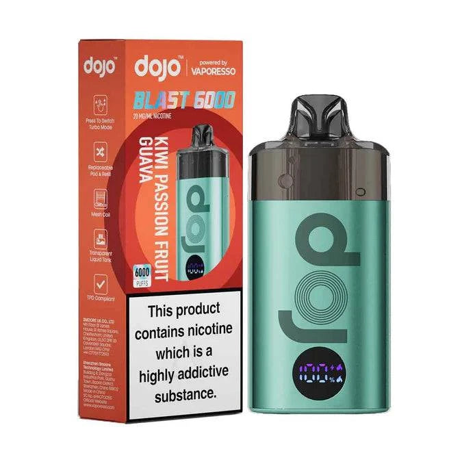 Dojo Blast 6000 Kiwi Passion Fruit Guava pod vape kit with 6000 puffs, mint green device and orange box