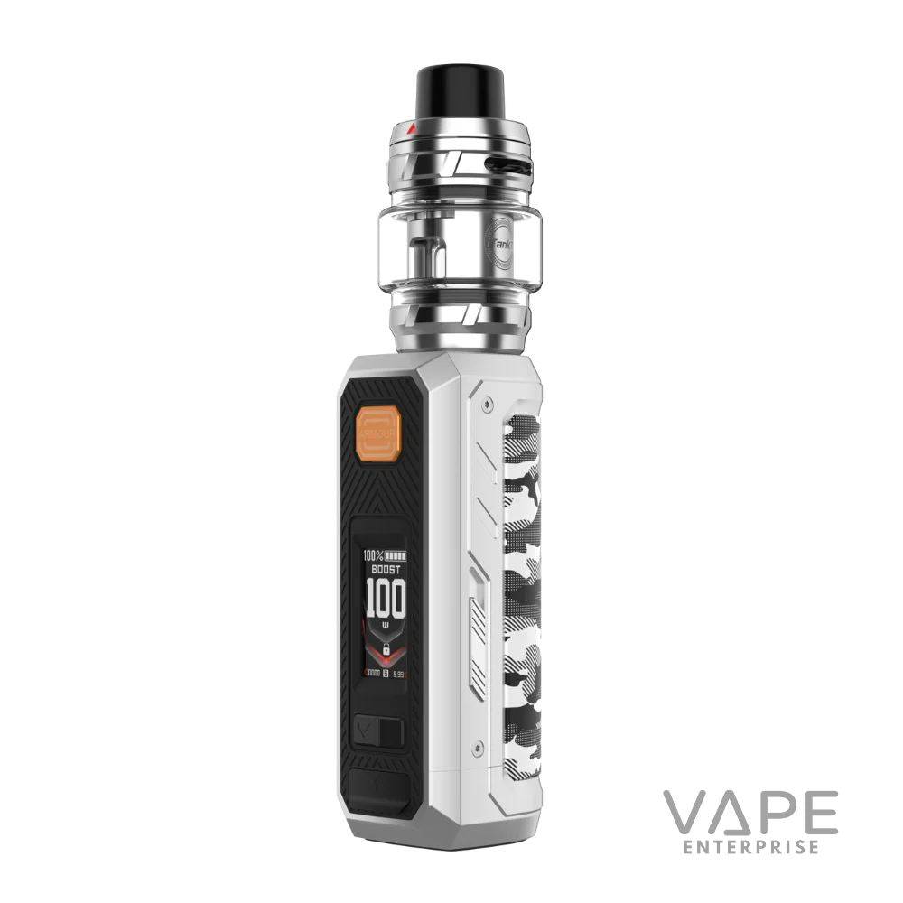 Silver Vaporesso Armour Ultra vape mod with black and white camo grip and digital display